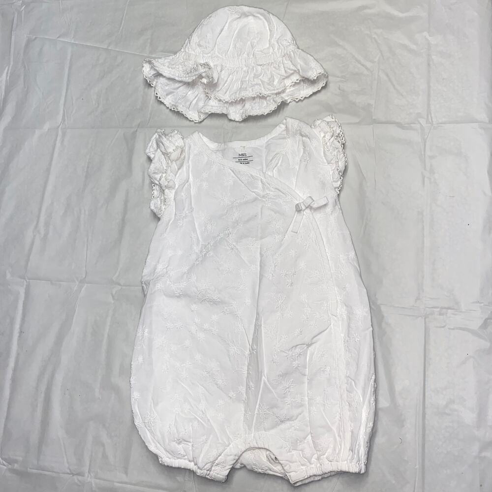 M&S Marks & Spencer White Eyelet Embroidered Romper & Hat Size 6-9 Months